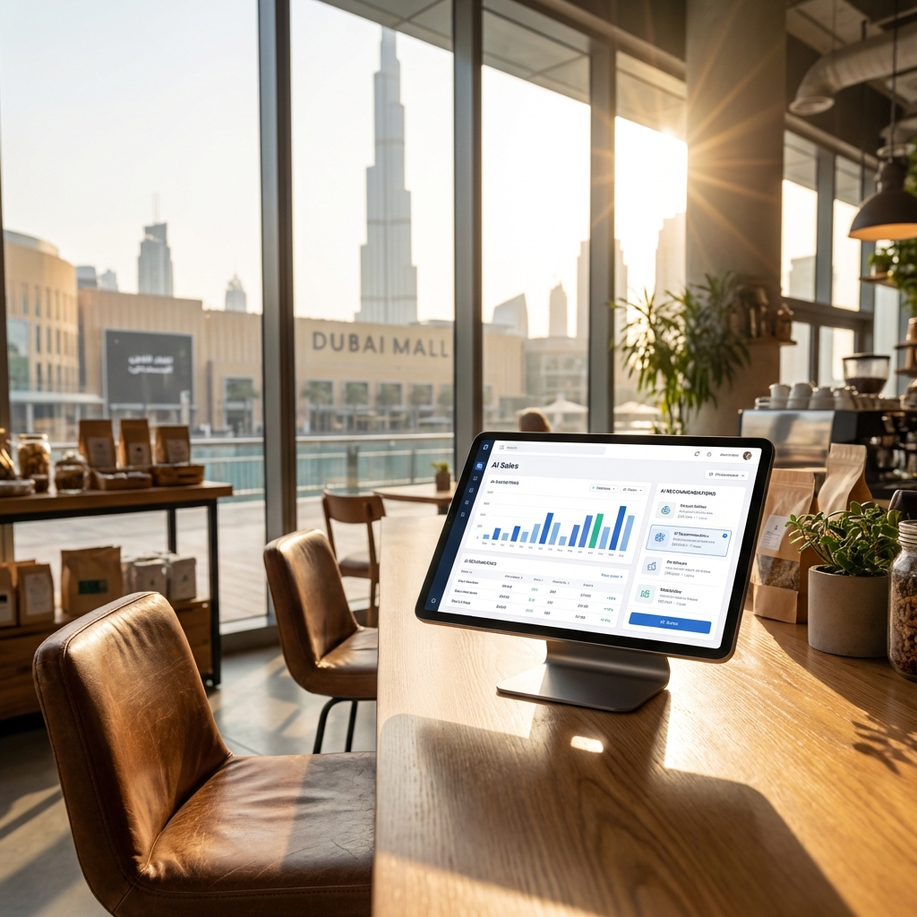 Pause POS on a tablet at a café counter in Dubai